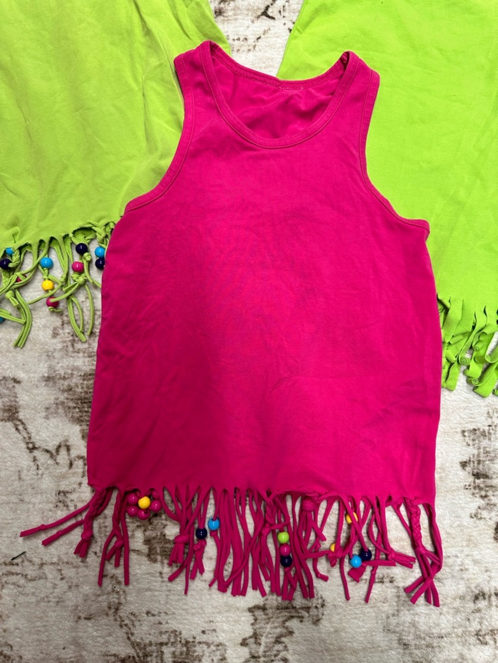 Peakaboo beans Girls' Pink Fringe Tank Top with Bead Detail